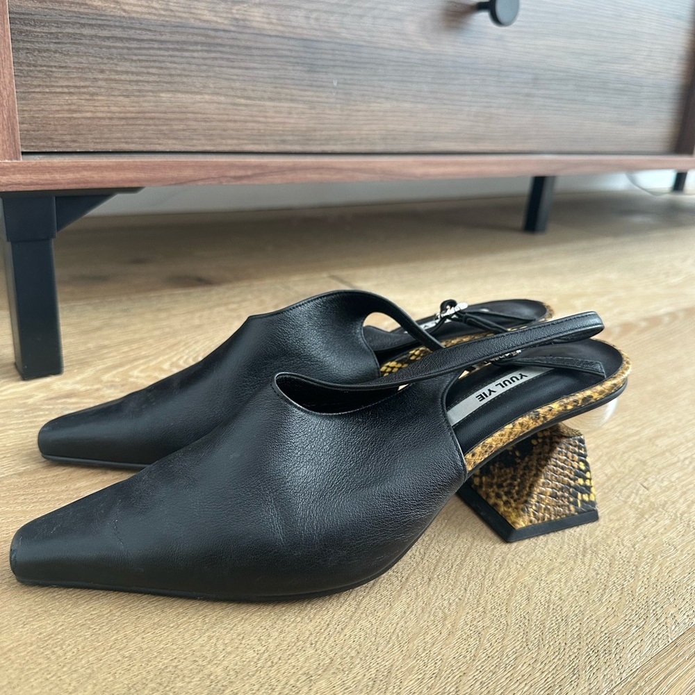 Black & Yellow Slingback pumps w sculptural block heel & mirror ball accent.US9 - Picture 9 of 16